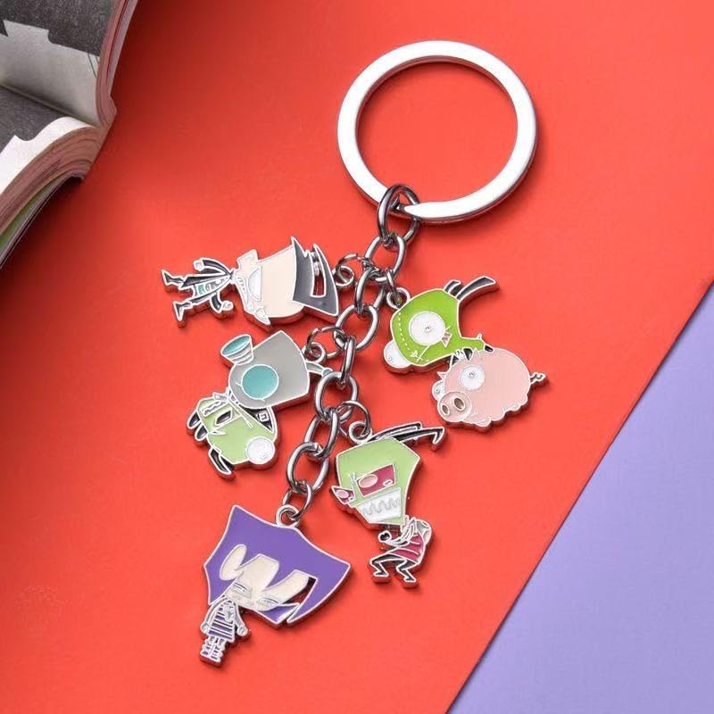 Invader Zim Multi-Charm Keychain - GIR Dog Suit & Robot Pendants - Gaz, Dib & Zim Metal Keyring - Y2K Alt Goth Nostalgia Jewelry - Backpack Accessory