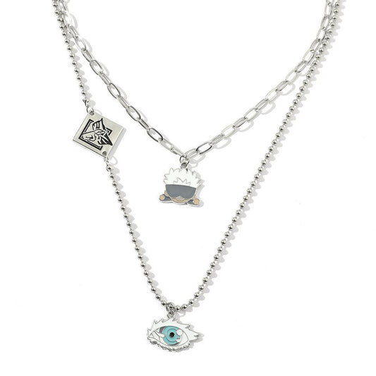 Jujutsu Kaisen Satoru Gojo Double Pendant Necklace – Teacher Portrait & Six Eyes Anime Jewelry Gift