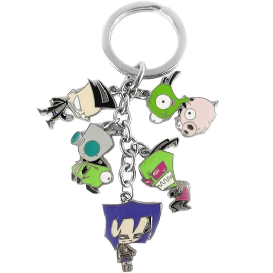 Invader Zim Multi-Charm Keychain - GIR Dog Suit & Robot Pendants - Gaz, Dib & Zim Metal Keyring - Y2K Alt Goth Nostalgia Jewelry - Backpack Accessory