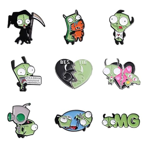 Alien Invader 9Pcs Invader Zim GIR Enamel Pins Set - GIR Dog Suit & Robot Lapel Badges - BESTIE Split Heart Friendship Pins - Alt Goth Y2K Nostalgia Jewelry