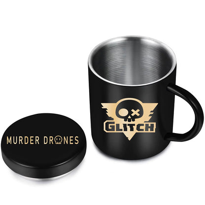 Murder Drones Stainless Steel Mug with Lid - Official Glitch Logo 304 Insulated Coffee Cup - 12oz Black Matte Metal Teacup for MD Fans & Gamers - Sci-Fi Indie Animation Merch