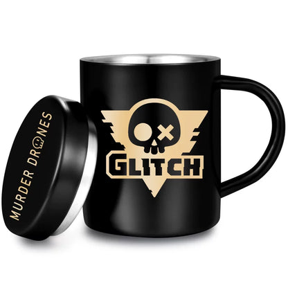 Murder Drones Stainless Steel Mug with Lid - Official Glitch Logo 304 Insulated Coffee Cup - 12oz Black Matte Metal Teacup for MD Fans & Gamers - Sci-Fi Indie Animation Merch