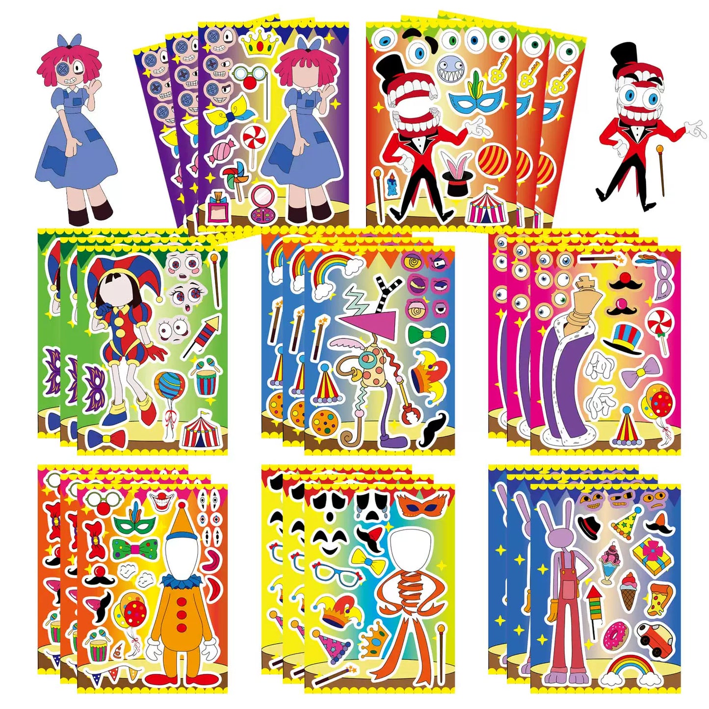 The Amazing Digital Circus Make-a-Face Sticker Sheets - TADC Mix and Match DIY Stickers - Pomni Jax Caine Ragatha Kinger Puzzle Decals - Kids Birthday Party Favors & Craft Gifts - 8 to 80 Pack