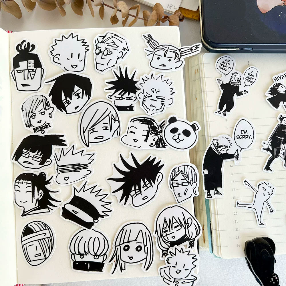 Jujutsu Kaisen Manga Doodle Sticker Pack - 29Pcs Funny Monochrome Meme Decals