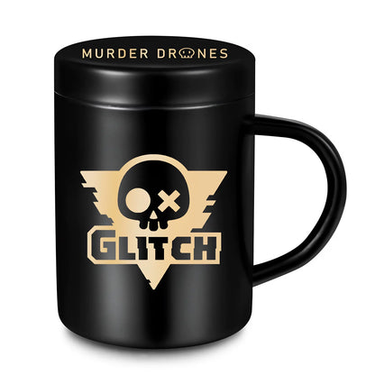 Murder Drones Stainless Steel Mug with Lid - Official Glitch Logo 304 Insulated Coffee Cup - 12oz Black Matte Metal Teacup for MD Fans & Gamers - Sci-Fi Indie Animation Merch